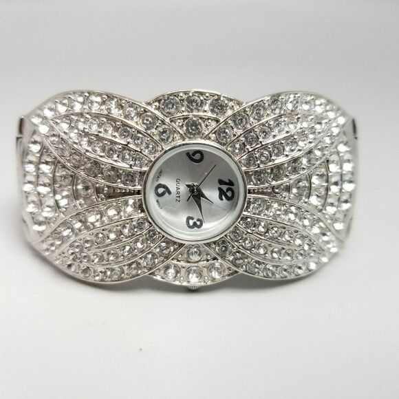 Vintage Rhinestone Encrusted Silver Tone Cuff Bangle Quartz Watch, AS IS - Picture 8 of 9